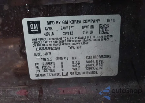 2015 Buick Encore Leather z USA, uszkodzony, nr VIN KL4CJCSB9FB223901